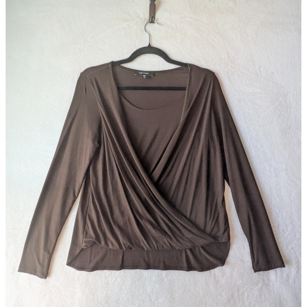 Karen Kane‎ Wrap Top Small Brown Long Sleeve Stretch Made USA